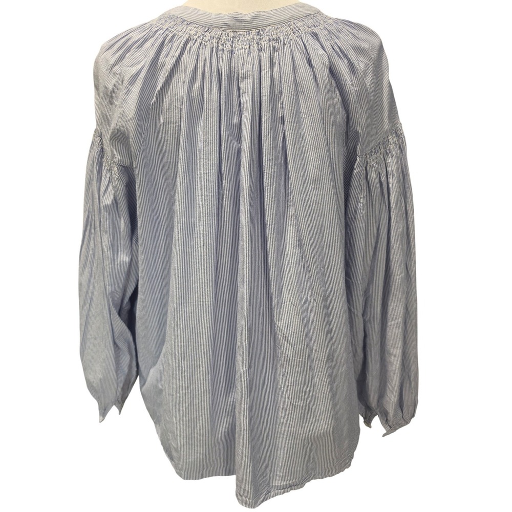 Vanessa Bruno Blue White Pinstripe Cotton Smocked Puff Sleeve Blouse Large - Picture 3 of 6
